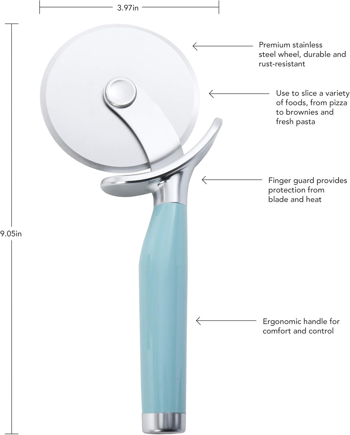 KitchenAid Classic Pizza Wheel with Sharp Blade For Cutting Through Crusts, Pies and More, Built In Finger Guard for Safety and Comfort Grip to Protect Fingers, Dishwasher Safe, 9-Inch, Aqua Sky
