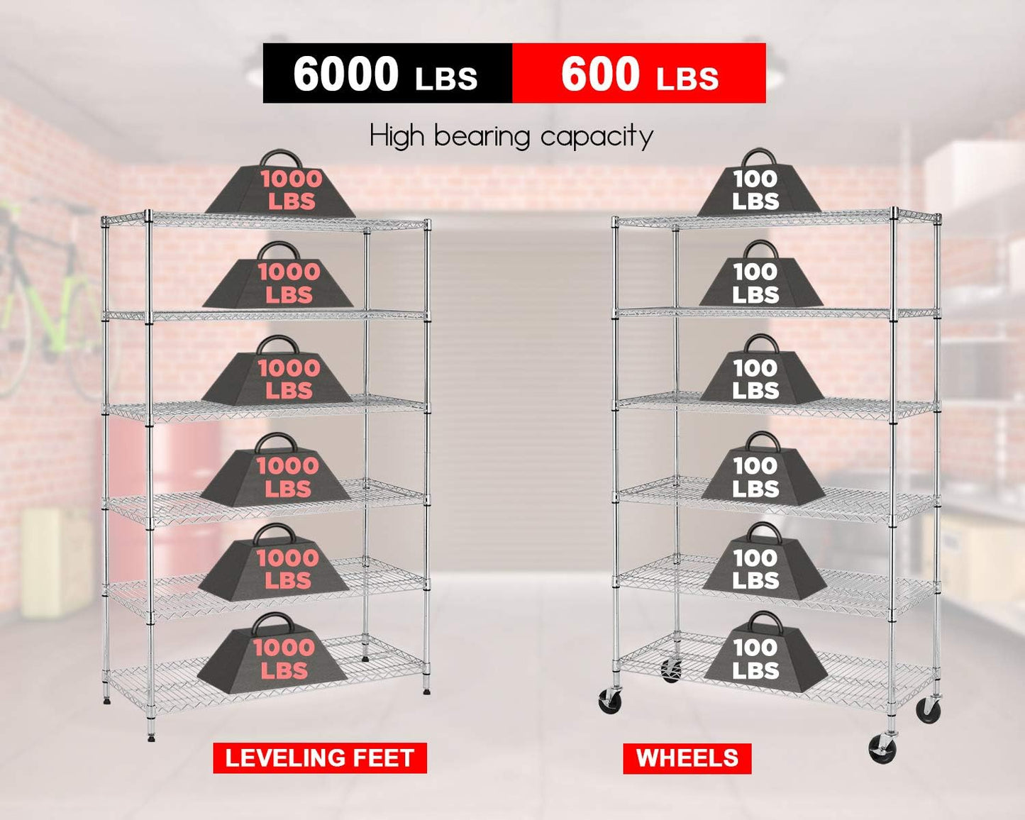 FDW 48 inch L×18 inch W×76 inch H Wire Shelving Unit Metal Shelf with 6 Tier Casters Adjustable Layer Rack Strong Steel for Restaurant Garage Pantry Kitchen Garage, Chrome