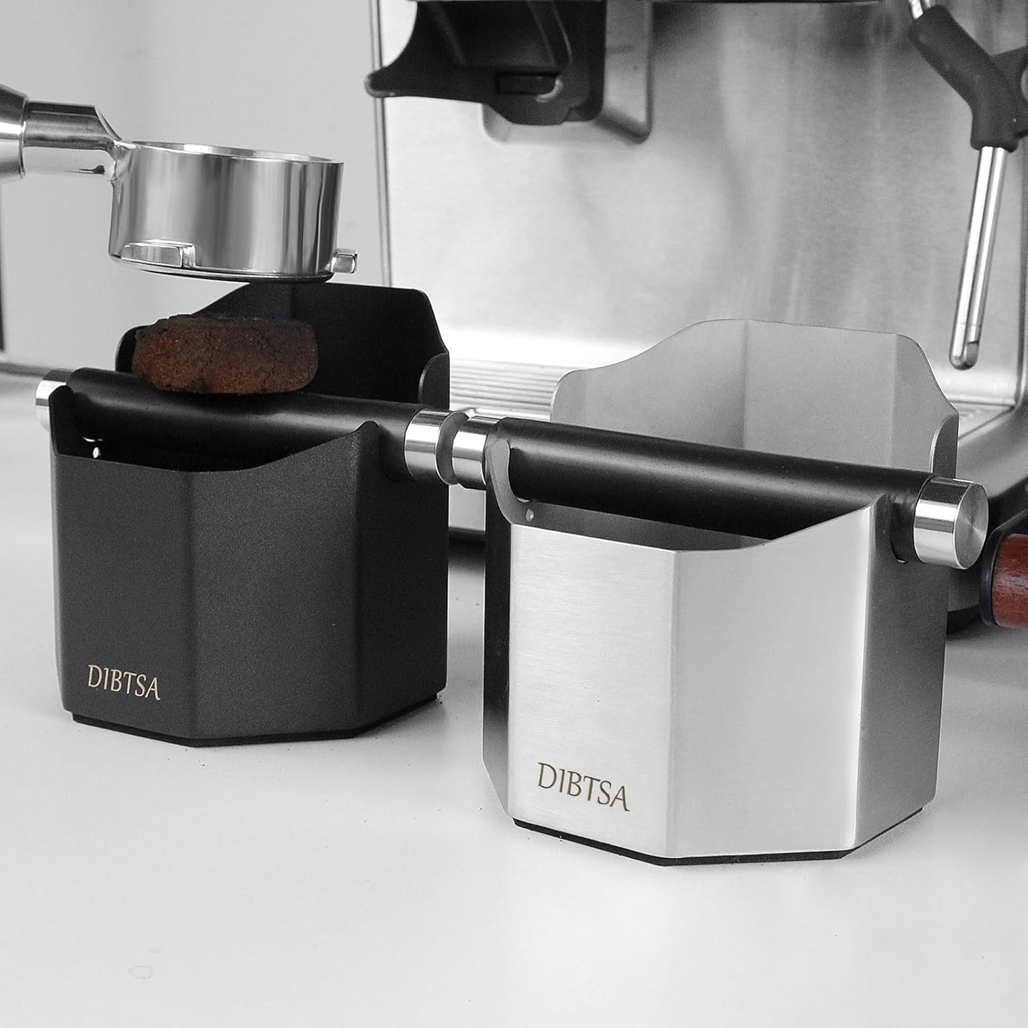 DIBTSA Espresso Knock Box, with Removable Knock Bar and Non-Slip Rubber Base, Espresso Accessory, Stainless Steel, Black, Large