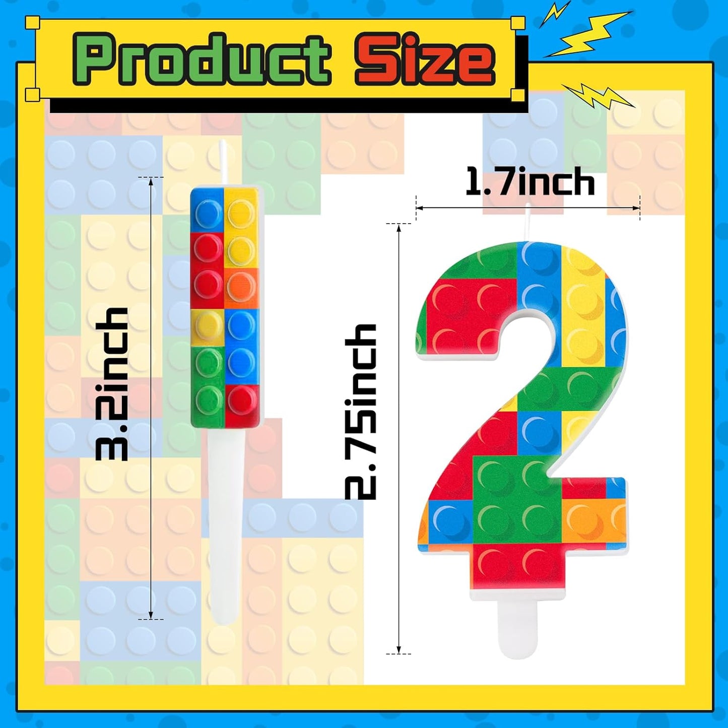 AXBMM 7 Pcs Building Block Themed Birthday Candles Set Building Blocks Number 2 Candle Cake Topper for Building Block Party Decoration Supplies (Number 2)