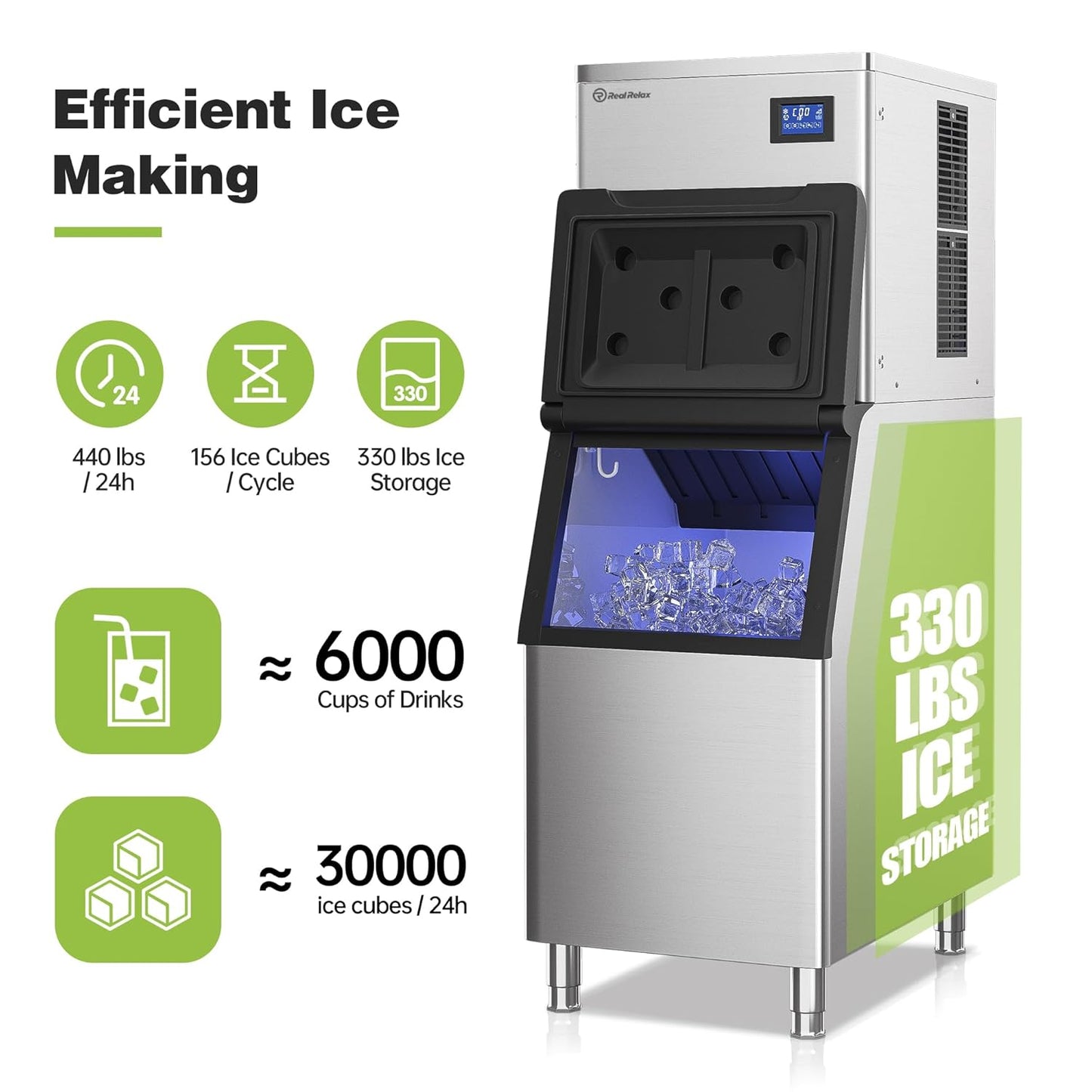 Commercial Ice Maker Machine, 440 lbs /24 h, 330 lbs Storage Bin, ETL Approval Industrial Ice Machine, Stainless Steel, Automatic Cleaning, Perfect for Bar/Cafe/Restaurant, with Ice Shovels