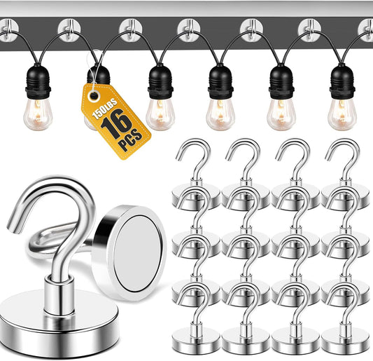 DIYMAG Outdoor Hooks for Hanging String Lights, Magnetic Hooks Strong 150lbs+ Hanging Party Light Wall Cable 2025 Cruise Cabin Ship Essentials Heavy Duty Strong Magnets for Outside Grill 16PCS
