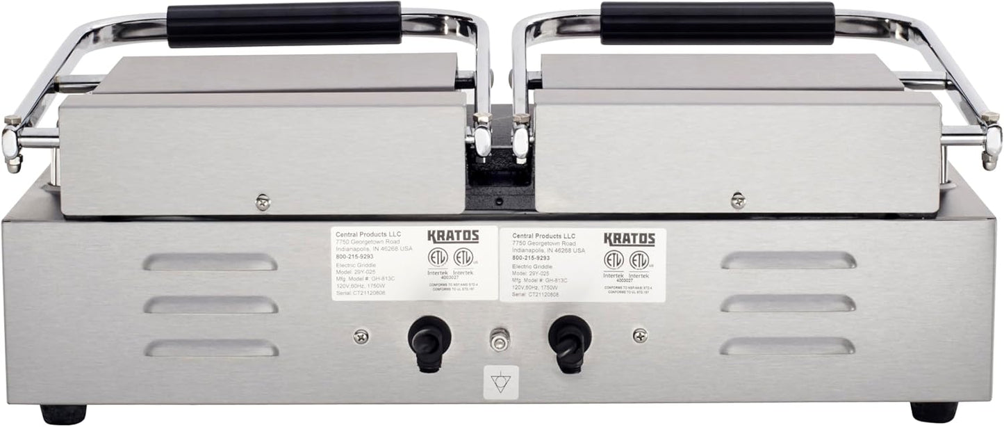 Kratos Commercial Electric Panini Sandwich Grill with Grooved Top and Smooth Bottom Plates, 18.7"x9" Cooking Surface, Commercial Countertop Panini Press, 120V, 3500W (29Y-025)
