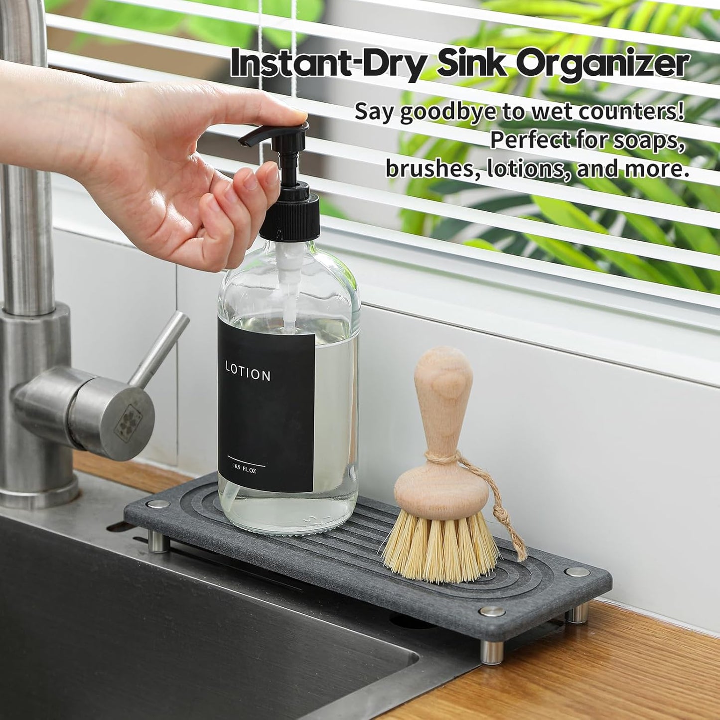 Water Absorbing Stone Sink Caddy Kitchen Sink Organizer Tray, Diatomite Bathroom Counter Tray, Faucet Drying Mat Coaster Soap Dish Rack Riser Dispenser Sponge Holder, Charcoal 10" x 4"