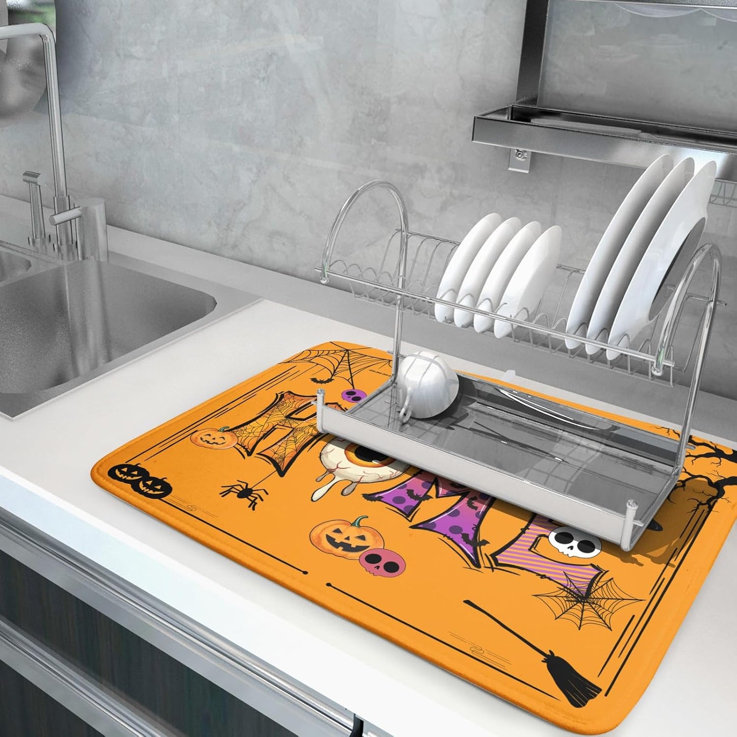 Halloween Home Dish Drying Mat Orange Washable Microfiber Drying Pad for Holiday Decoration