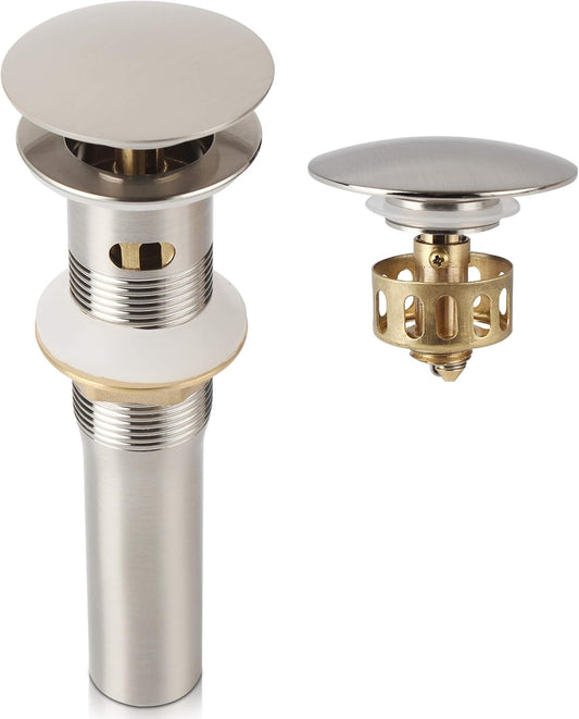 Brushed Nickel Pop Up Sink Drain with Overflow, Bathroom Faucet Vessel Sink Drain with Detachable Basket Stopper