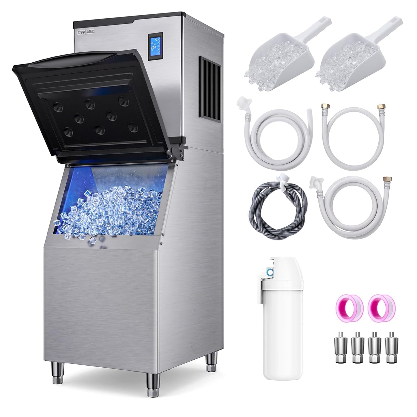 Coolake Commercial Ice Maker Machine 550lbs/24H with 360lbs Storage, 22" Air Cooled Stainless Steel Industrial Ice Machine, Filter Reduce Water Scale up to 99% for Restaurant Hotel, DOE ETL Listed