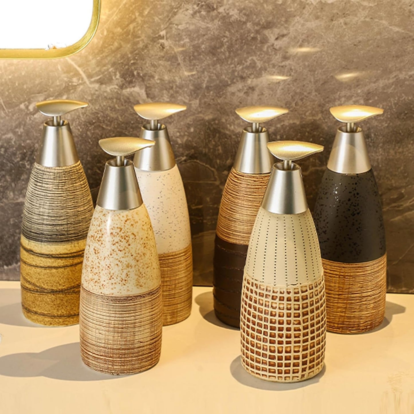 Ceramic Soap Dispenser with Plastic Pump – 12oz Refillable Liquid Dispenser for Bathroom, Kitchen, Office, Hotel, Airbnb, or Vacation Rental (Type A)