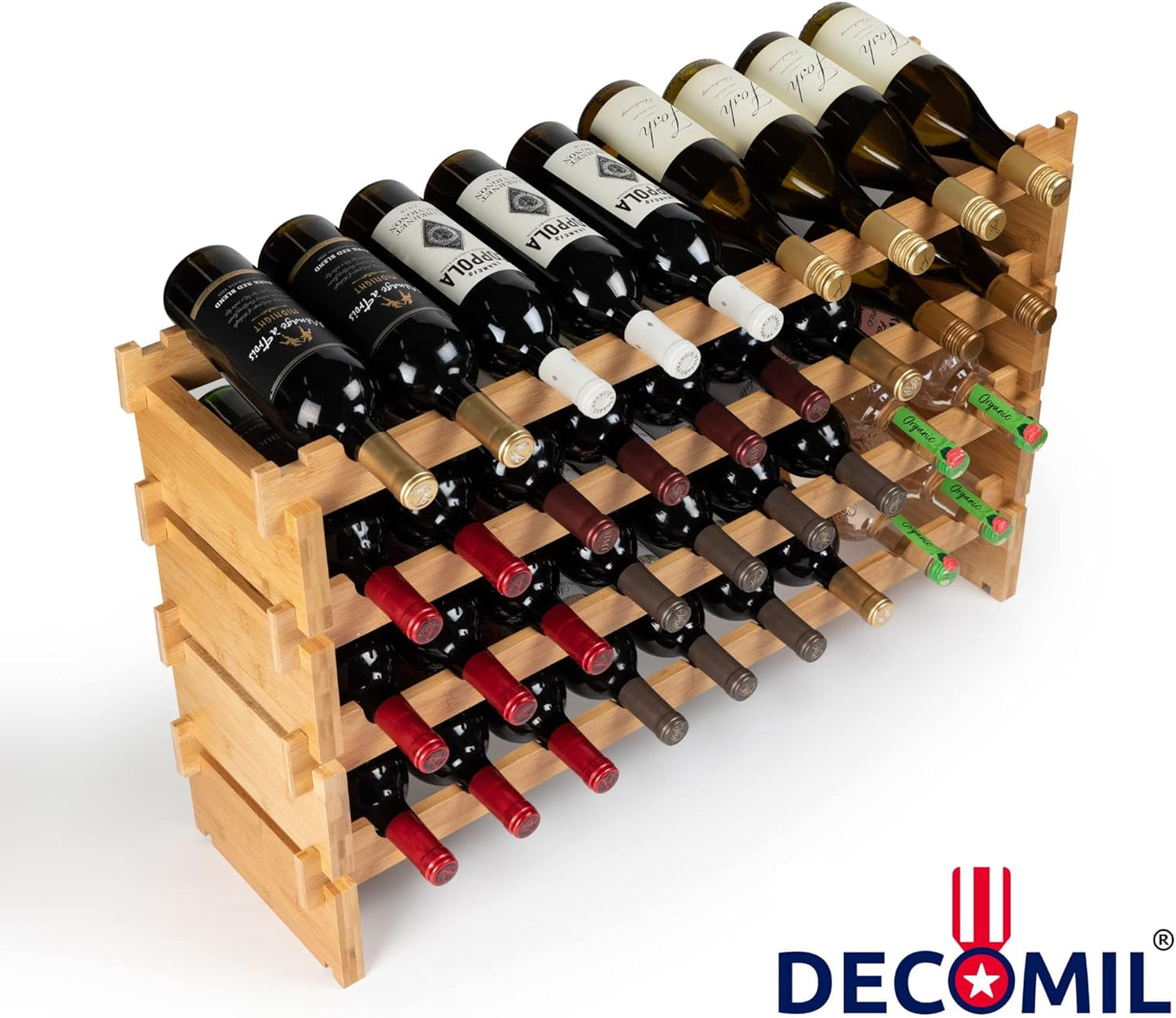 DECOMIL - 36 Bottle Large Wine Rack, Stackable & Modular Wine Storage Rack, Solid Bamboo Wine Holder Display Shelves, Wobble-Free (Four-Tier, 36 Bottle Capacity)