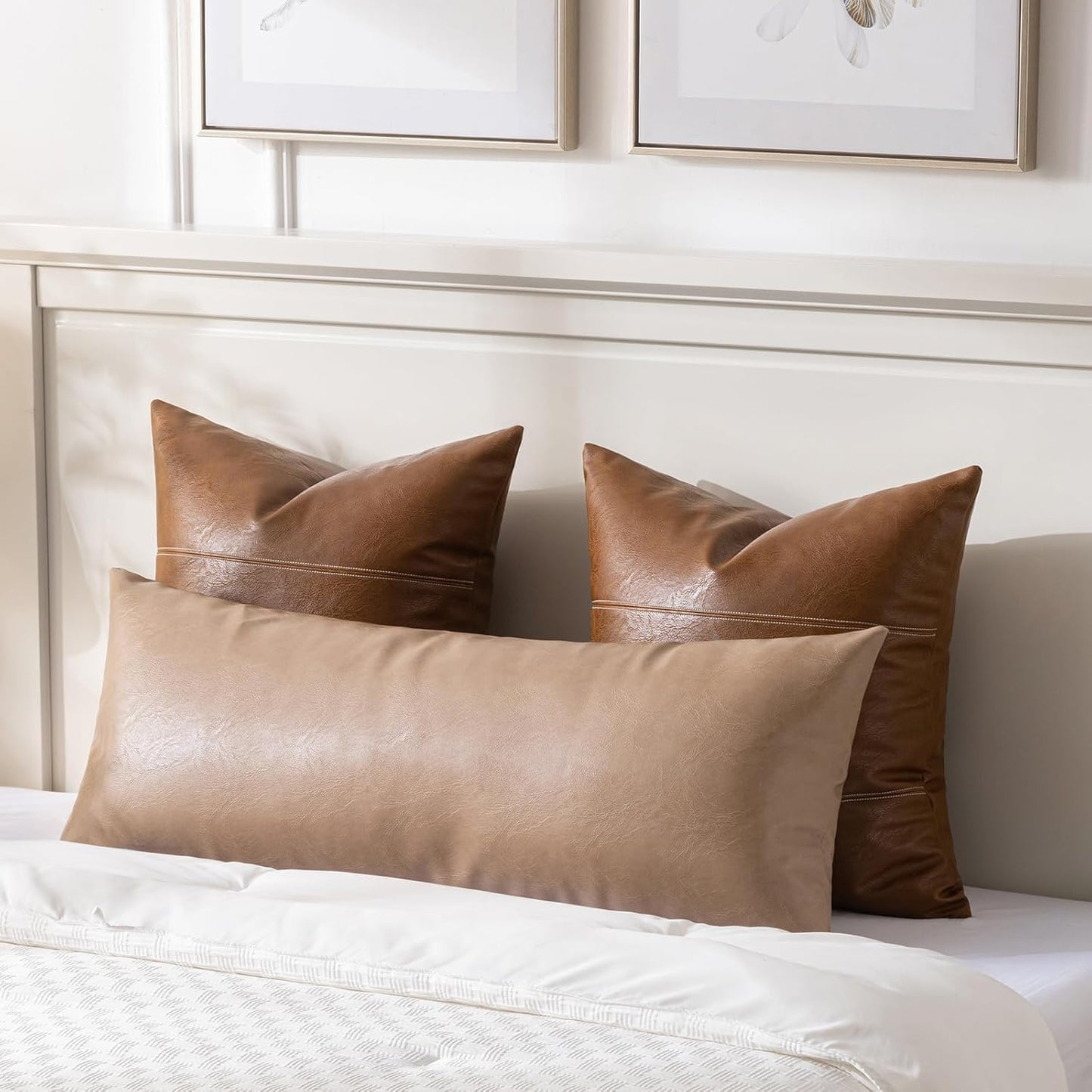 Fancy Homi Tan Boho Long Lumbar Faux Leather Body Decorative Throw Pillow Cover 14x40 Inch for Bedroom Couch Bed Sofa, Stylish Solid Rectangular Beige Pillowcase, Rustic Modern Farmhouse Room Decor