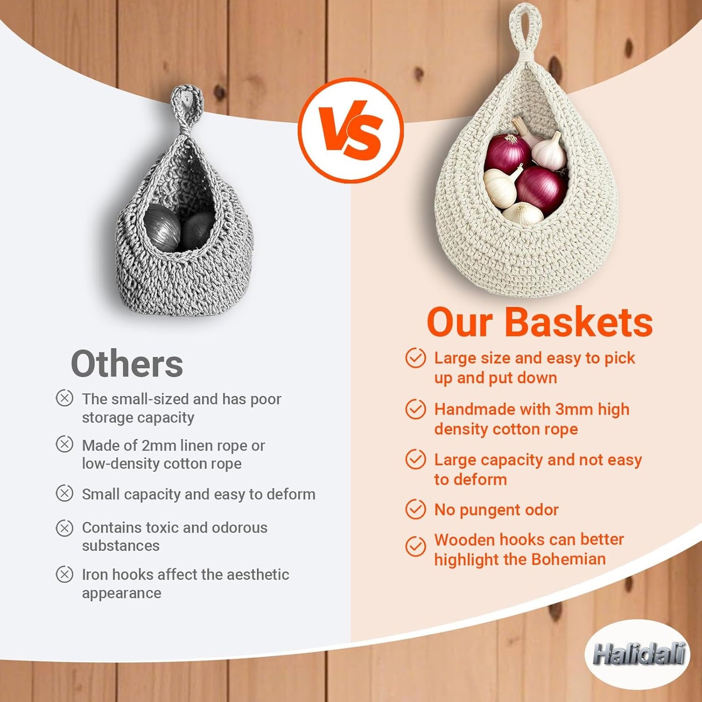 Hanging Fruit Baskets for Kitchen, 3 Pack Boho Cotton Rope Handwoven Vegetable Storage Wall Mounted Large Organizing Basket for Farmhouse Decor, Onion, Potato, Garlic and Plants (White)