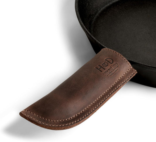 Hide & Drink, Full Grain Leather Hot Handle, Cast Iron Protector, Panhandle Potholder, Double Layered, Double Stitched, Slides On/Off Easily onto Metal Skillet Grips, Handmade, Bourbon Brown