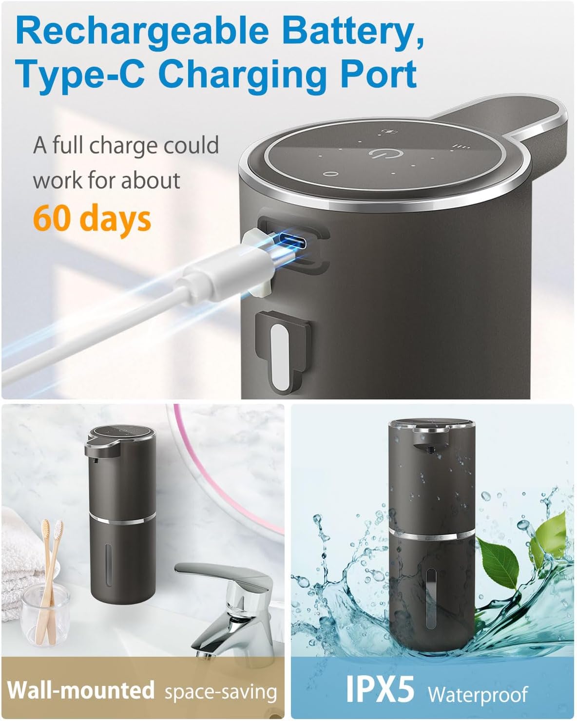 Automatic Foaming Soap Dispenser,4-Level Adjustable Foam, Wall Mount, USB Rechargeable,12.8oz/ 380ml,Touchless Hand & Dish Soap Dispenser for Bathroom, Kitchen,Hotel, Restaurant