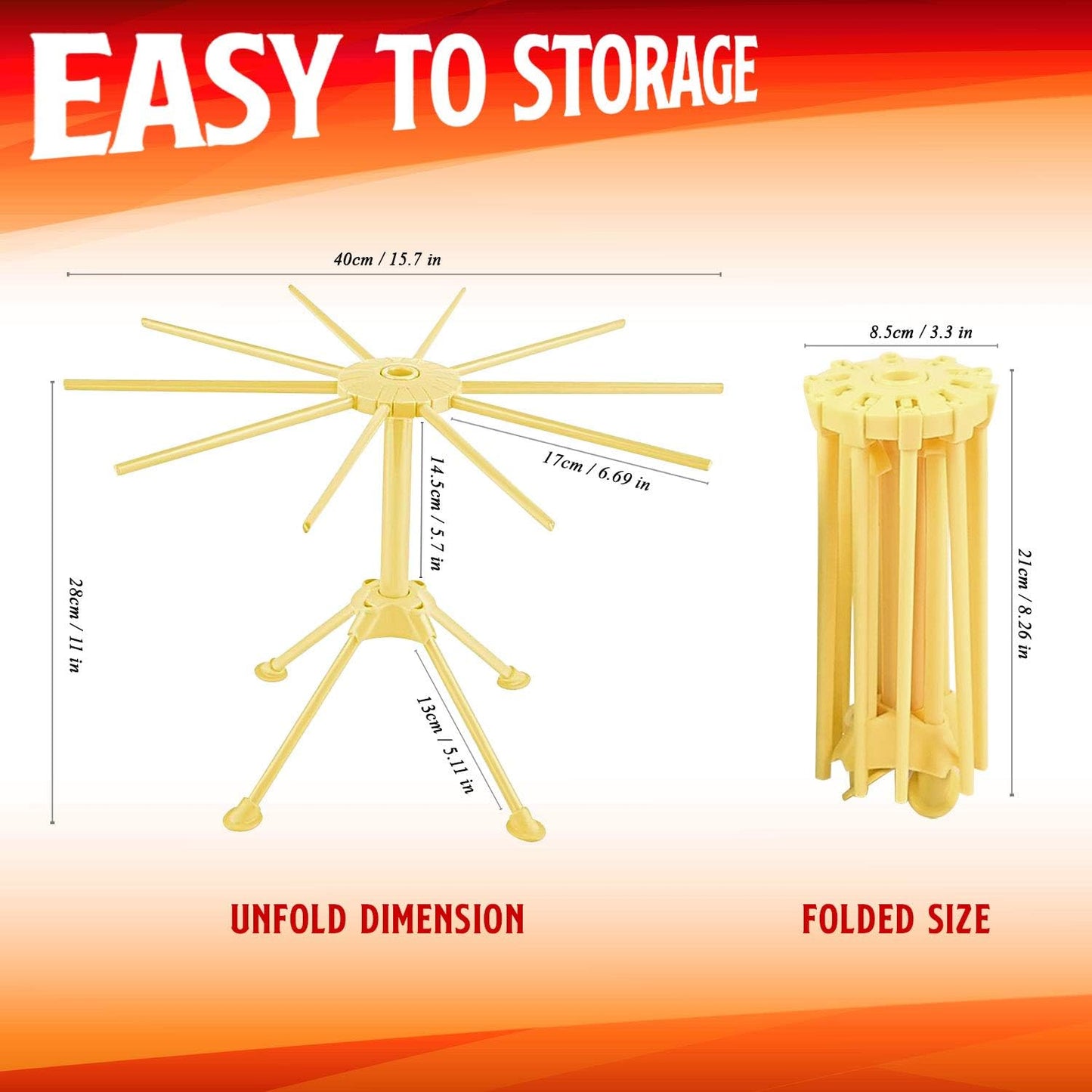 GOZIHA Pasta Drying Rack Noodle Stand with 10 Bar Handles Collapsible | Household Noodle Dryer Rack Hanging for Home Use | Spaghetti Drying Rack Noodle Stand | Easy Storage and Quick Set-Up (Yellow)