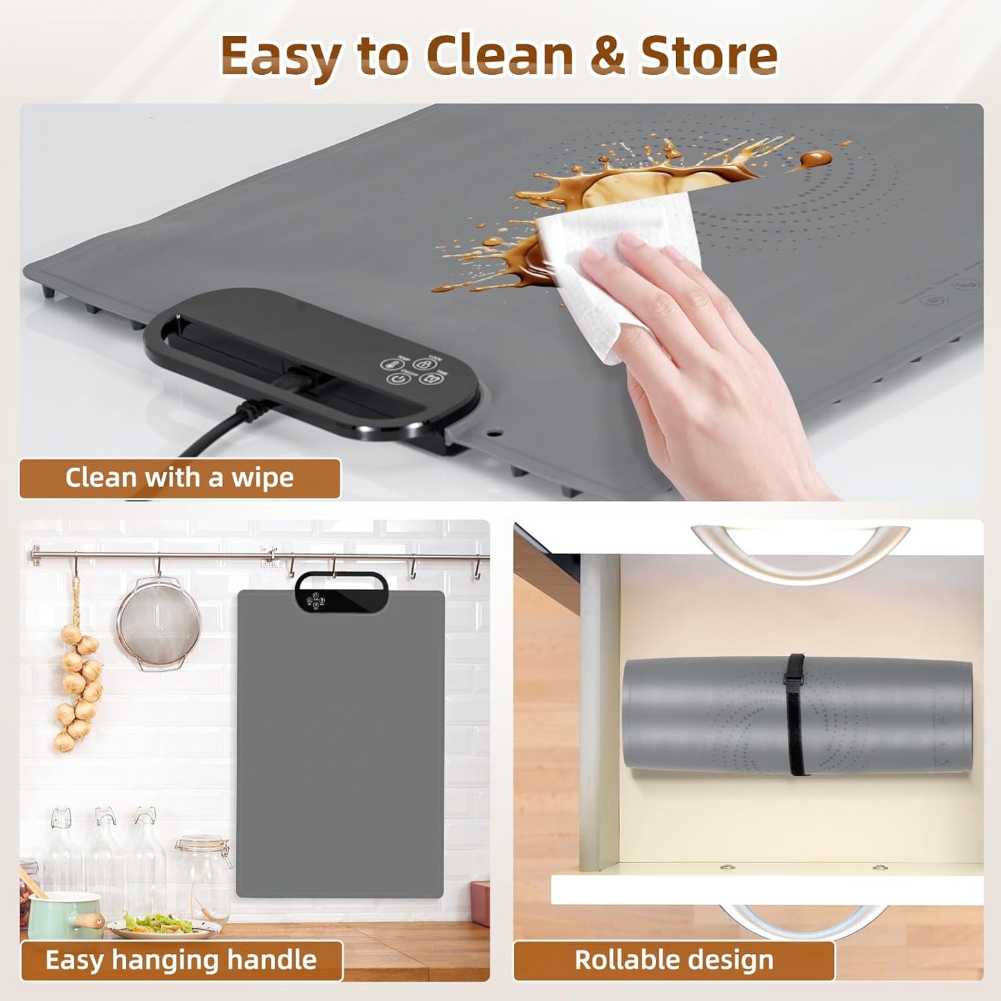 Electric Warming Tray with 7 Adjustable Temperatures, Hanging & Foldable Food Warmer Mat with Child Lock, 11 Timer Settings, Fast Heating Plate for Buffet, Paties, Family Gatherings, Holidays, Gray