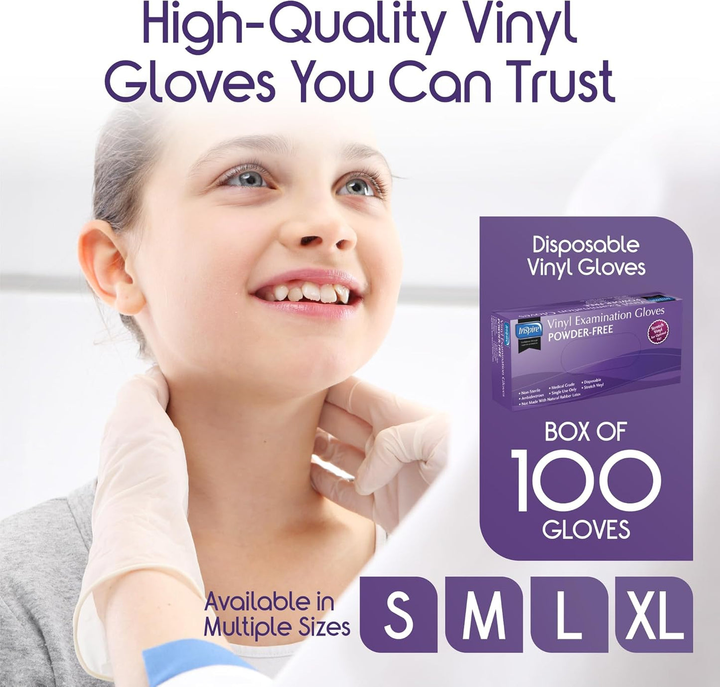 Inspire Medical Exam Gloves | Powder Free Stretch Vinyl Glove | Disposable Latex Free Gloves Food Safe For Cooking And Home Use