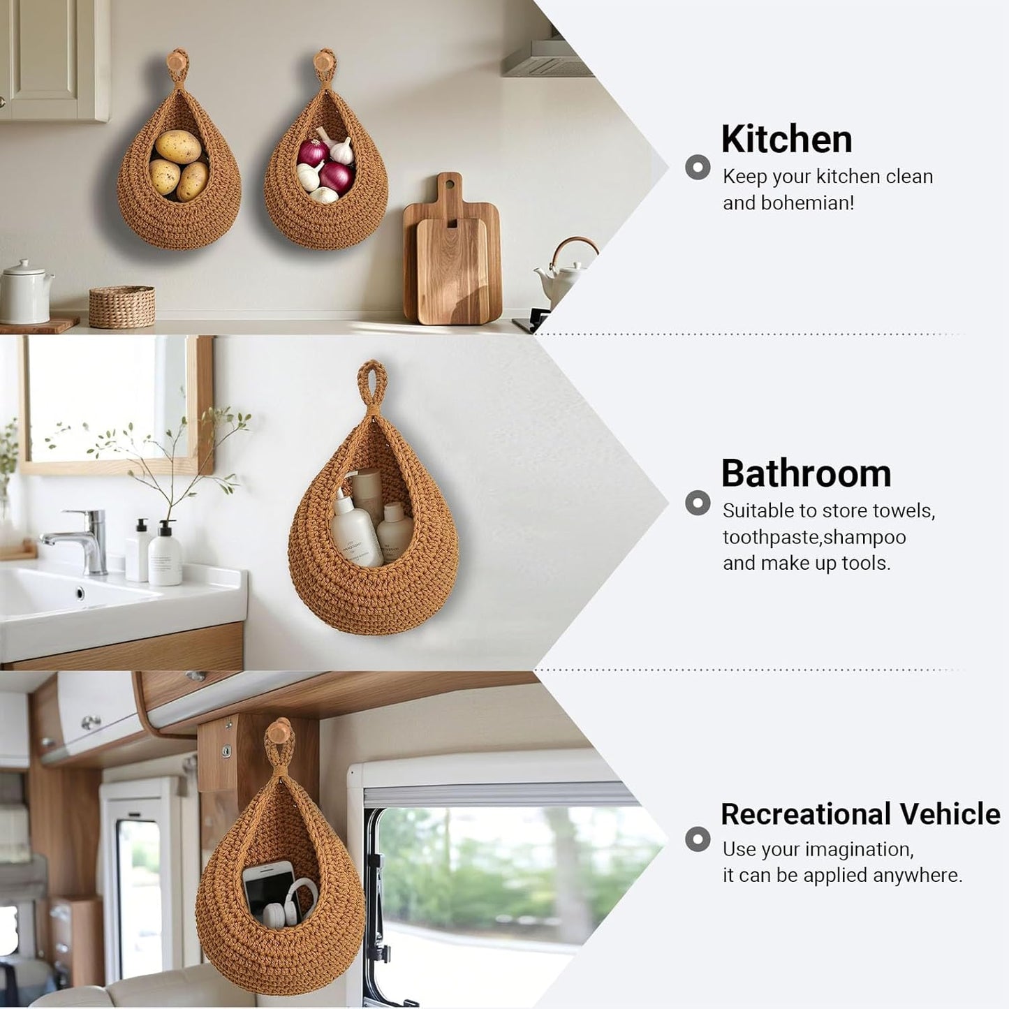 Hanging Fruit Baskets for Kitchen, 3 Pack Boho Cotton Rope Handwoven Vegetable Storage Wall Mounted Large Organizing Basket for Farmhouse Decor, Onion, Potato, Garlic and Plants (Caramel)