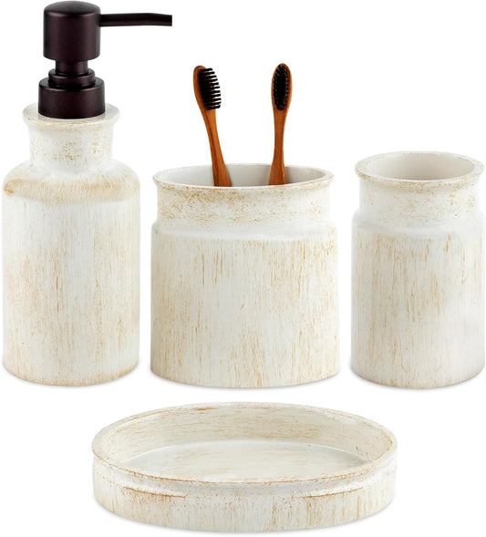 Creative Scents Rustic Luxe Bathroom Accessory Set Complete - 4 Piece Beige Bathroom Soap Dispenser Set has: Lotion Dispenser, Toothbrush Holder, Tumbler & Soap Dish; Modern Farmhouse Bathroom Decor
