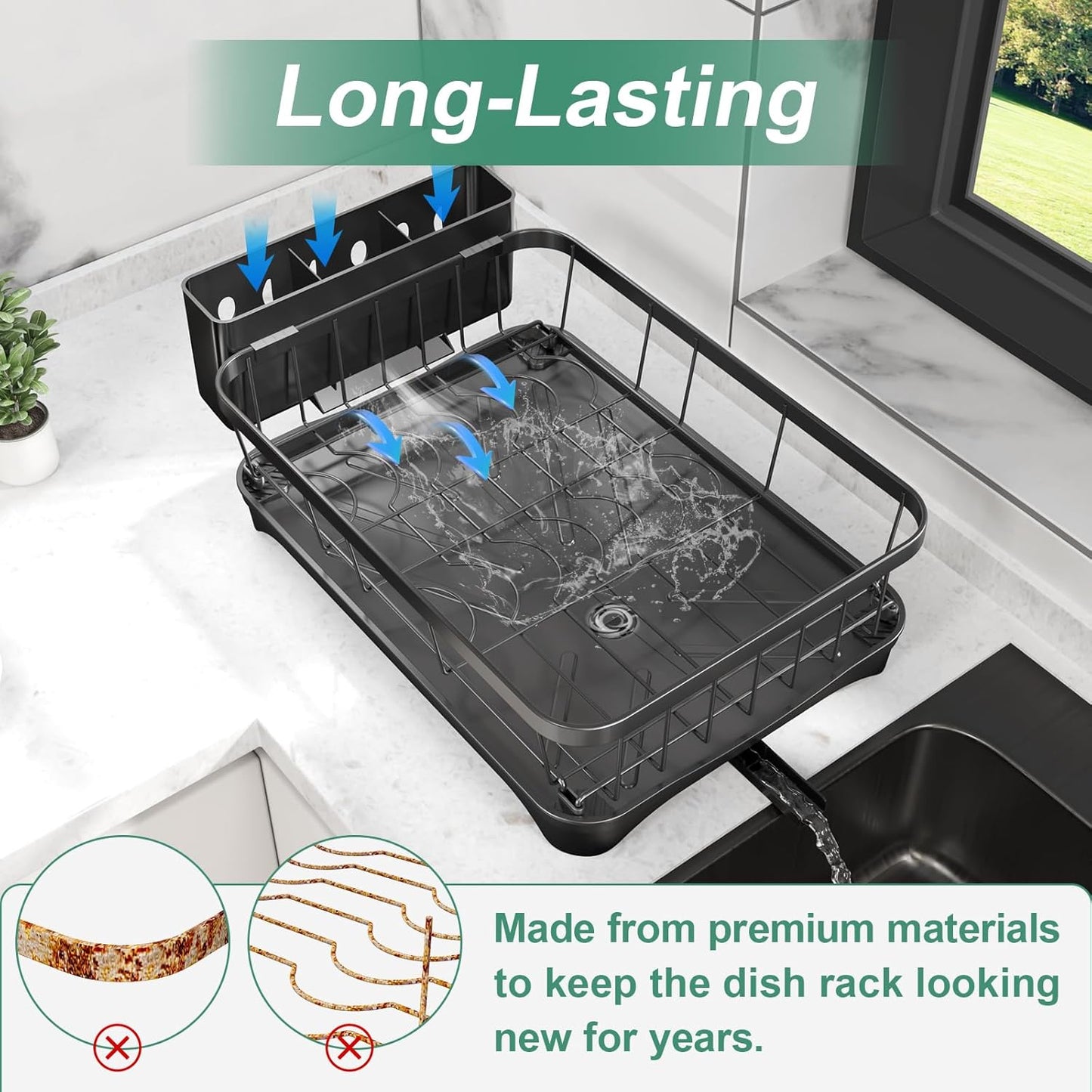 Dish Drying Rack for Kitchen Counter – Large Capacity Single Tier Dish Drainer with Utensil Holder & Cutlery Tray, Space Saving Countertop Organizer, Black