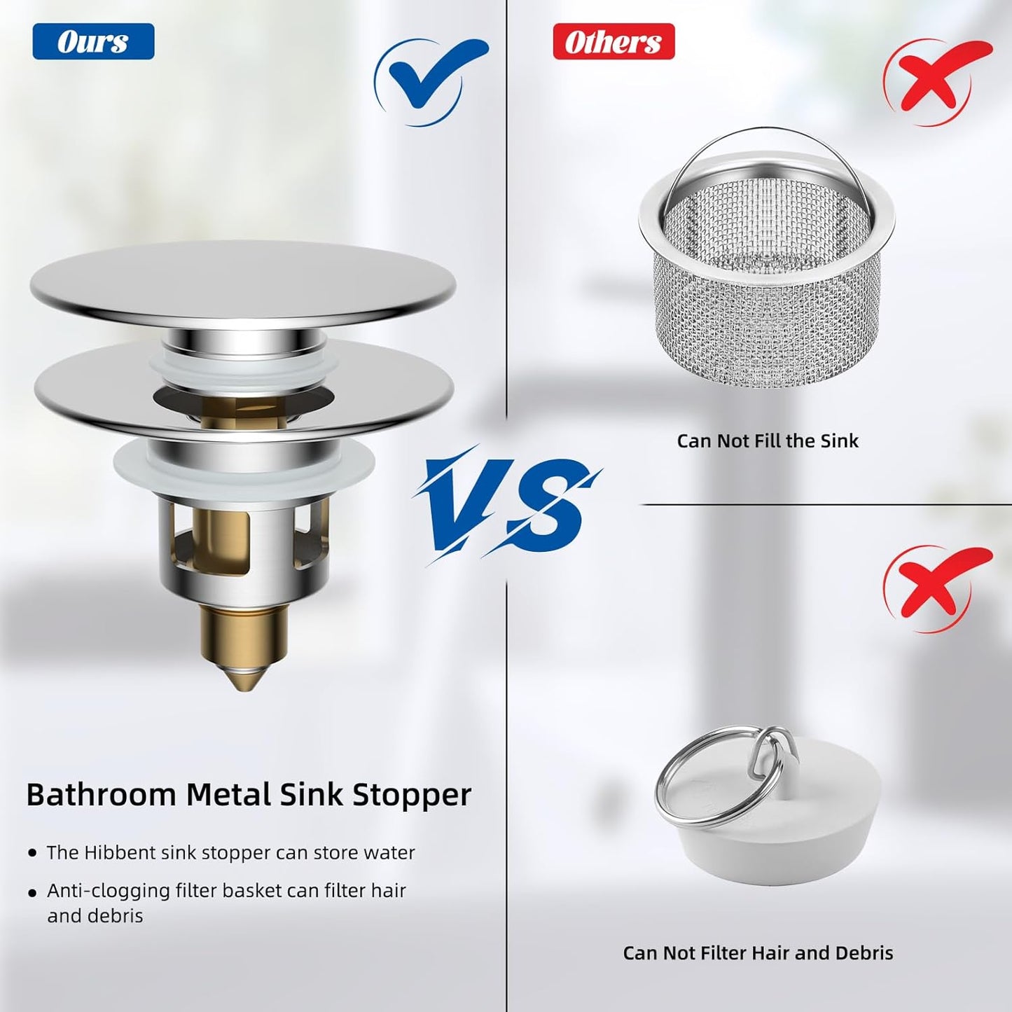 Hibbent All Metal 2 in 1 Bathroom Sink Stopper, Universal Pop Up Drain Strainer, Brass Bullet Core Push Type Sink Stopper for 1.1''~2.3'' Basin, Big Push Button, Anti Clogging Drain Filter, Chrome