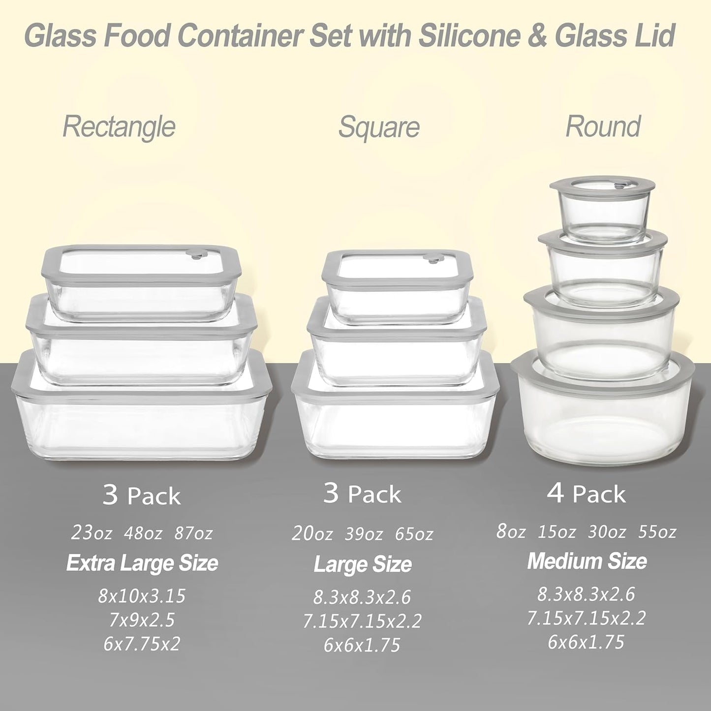 Glass Food Containers with Glass Lid, Microwave Safe Food Storage Container Set, 3 Pack of Large Size, Food Storage Containers with Lids, Meal Prep containers with Leak Proof Lid.