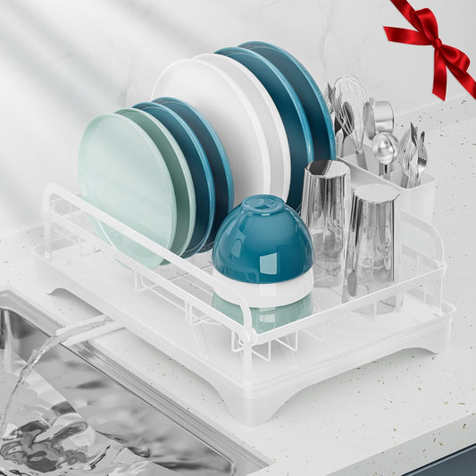 Dish Drying Rack Kitchen - Dish Racks for Kitchen Counter Space-Saving, Dish Drainer with Automatic Drain and Adjustable Spout, Dishwasher Rack with Cutlery Holder, Easy to Install, White