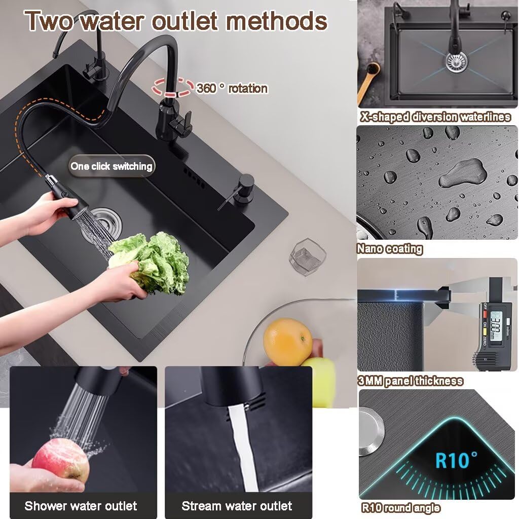 Black Drop in Kitchen Sink, Stainless Steel Single Bowl Sink with 3 Holes, Topmount Workstation Sink, Farmhouse Rectangle Basin with Multiple Accessories (31.5 * 17.7 * 7.9in)