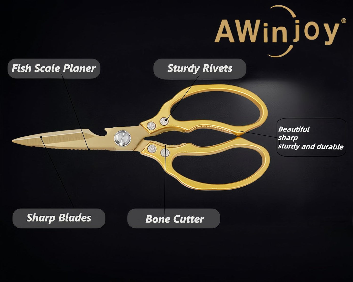 Kitchen Scissors, Heavy Duty Sharp Kitchen Shears Dishwasher Safe, Kitchen Accessories Cooking Shears for Kitchen Meat Chicken Fish Poultry Herb Bread (All Gold), skr-05