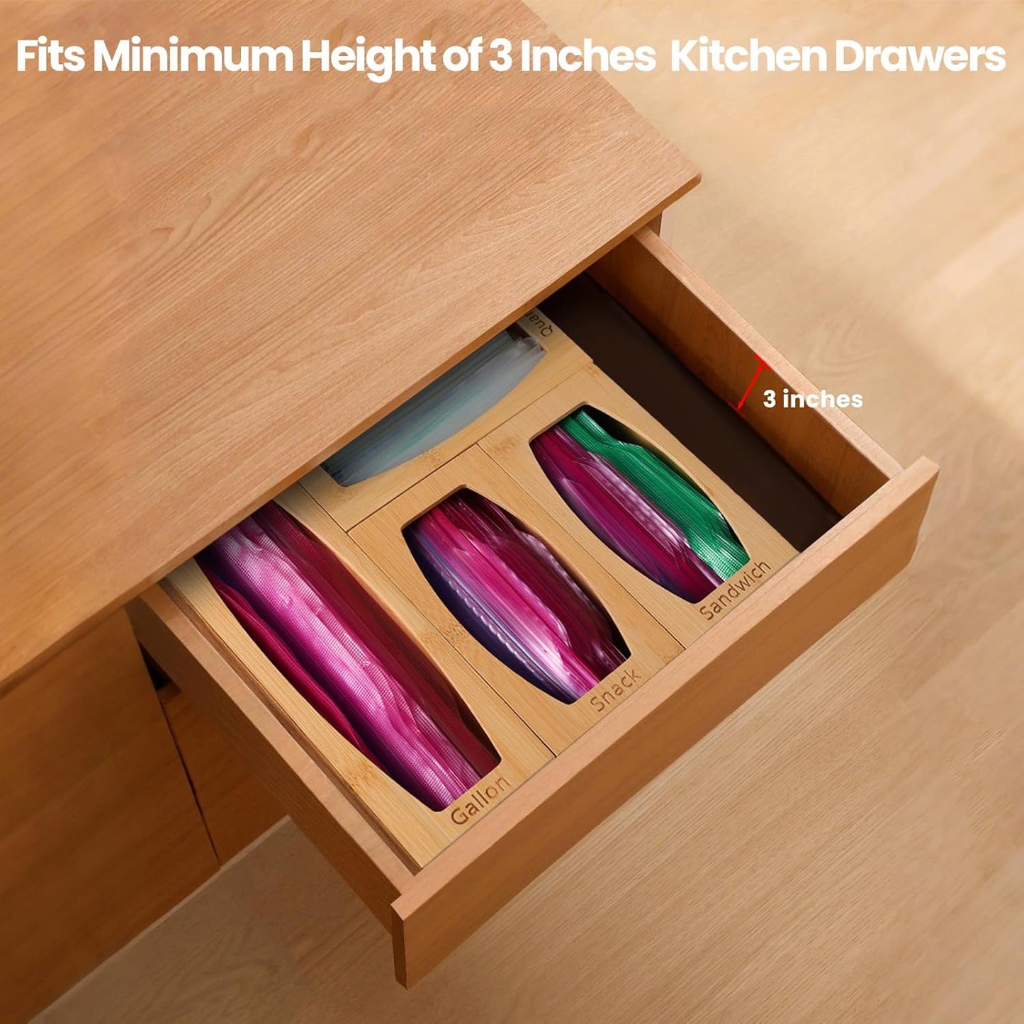 Bamboo Plastic Bag Storage Organizer for Kitchen Drawer, 4 Separate Baggie Organizer, Suitable for Gallon, Quart, Sandwich & Snack Variety Size Bag