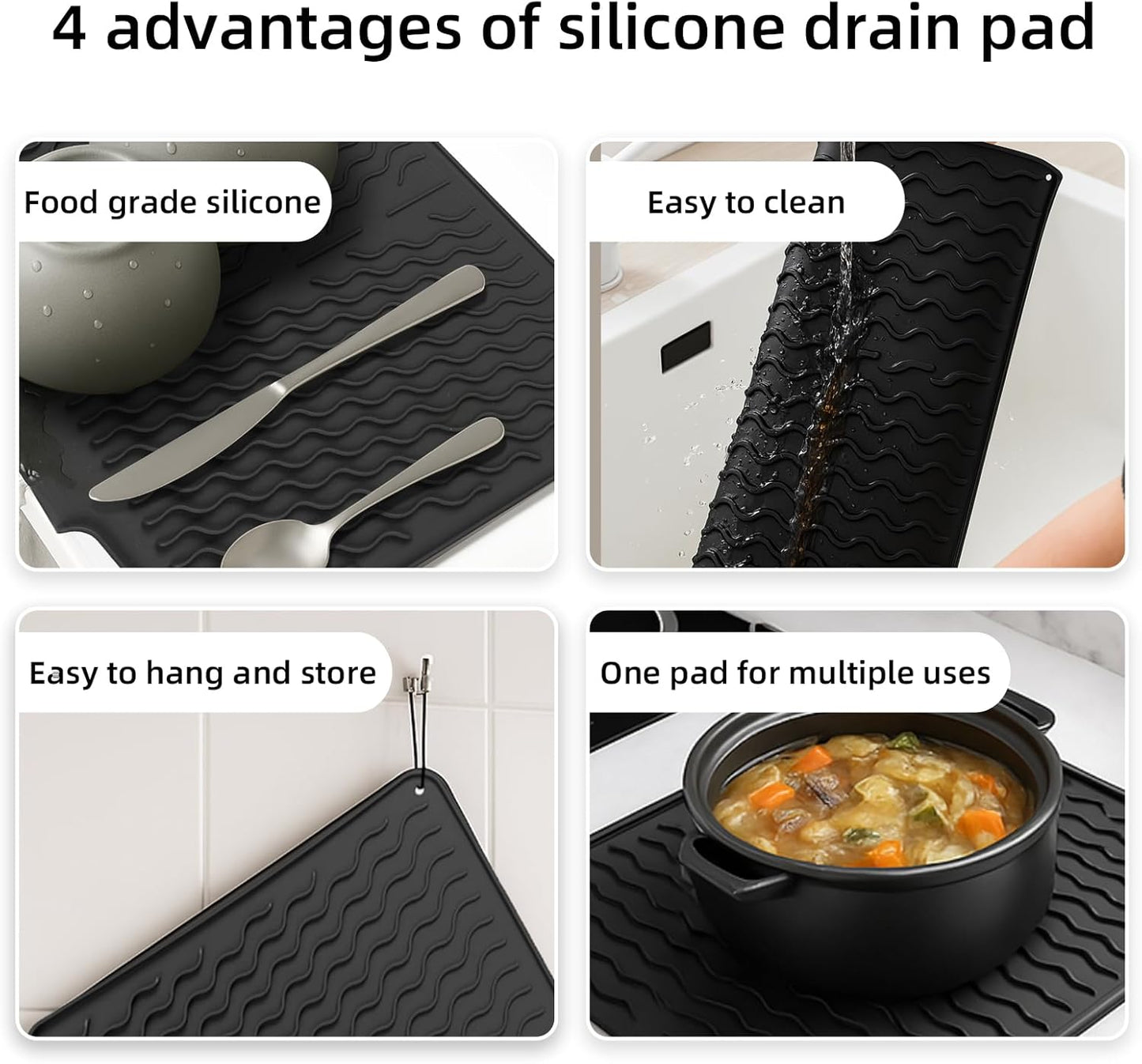 Dish drying mats for kitchen counter, Silicone dish drying mat ,Heat resistant mats for countertop,With drain port ,Stone drying mat for kitchen counter (15.6" x 13", black)