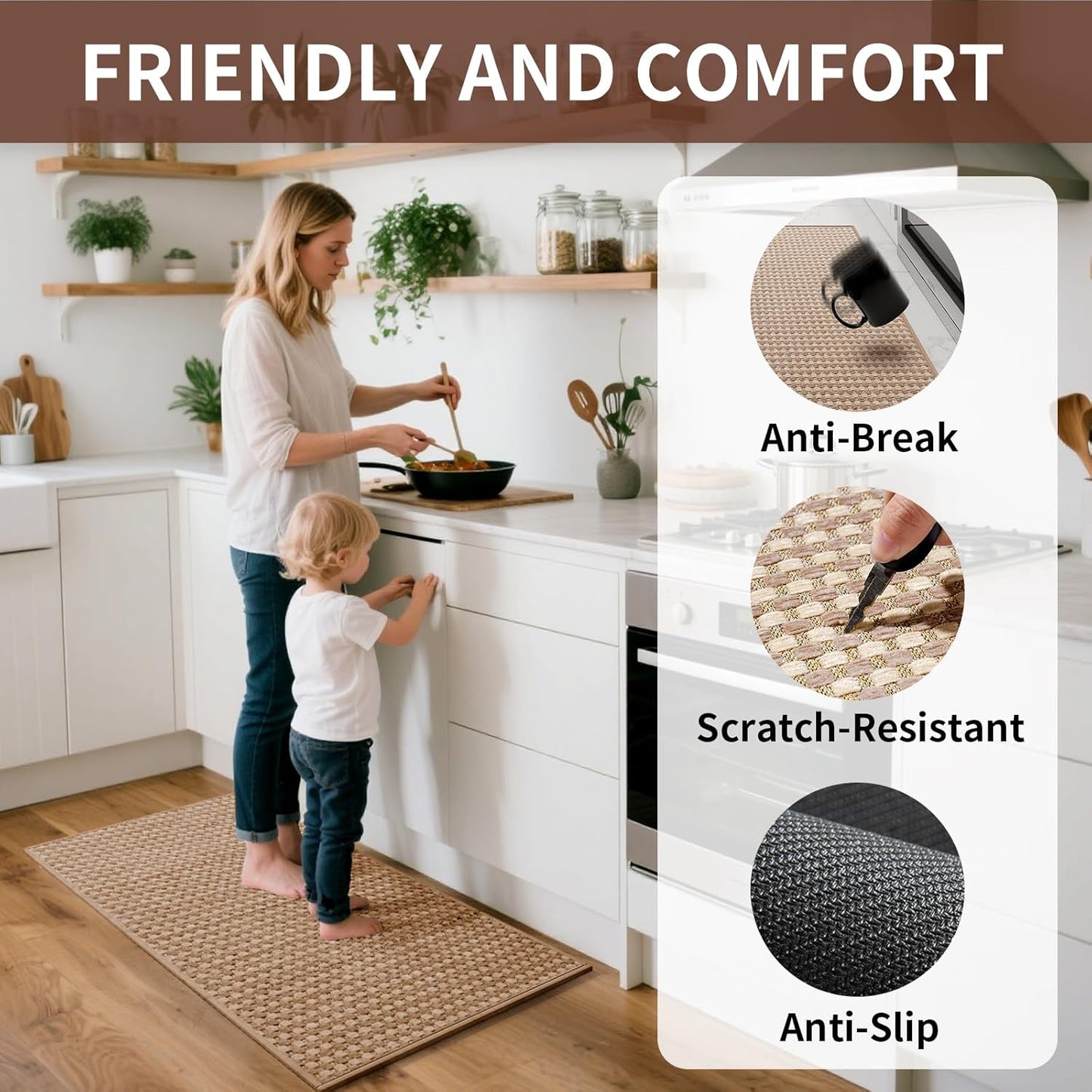 Kitchen Rugs Non Slip Washable, Rubber Backing Soft Chenille Braided Kitchen Mats for Floor, Super Absorbent Kitchen Runner Rug Standing Mat Sink Mat, Easy to Clean, Brown 17"x47"