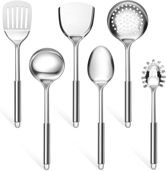 E-far 6-Piece Cooking Utensils Set, Stainless Steel Kitchen Utensils, Metal Heat Resistant Kitchen Tools Set Including Spoon, Soup Ladle, Slotted/Solid Turner, Skimmer, Pasta Server, Dishwasher Safe