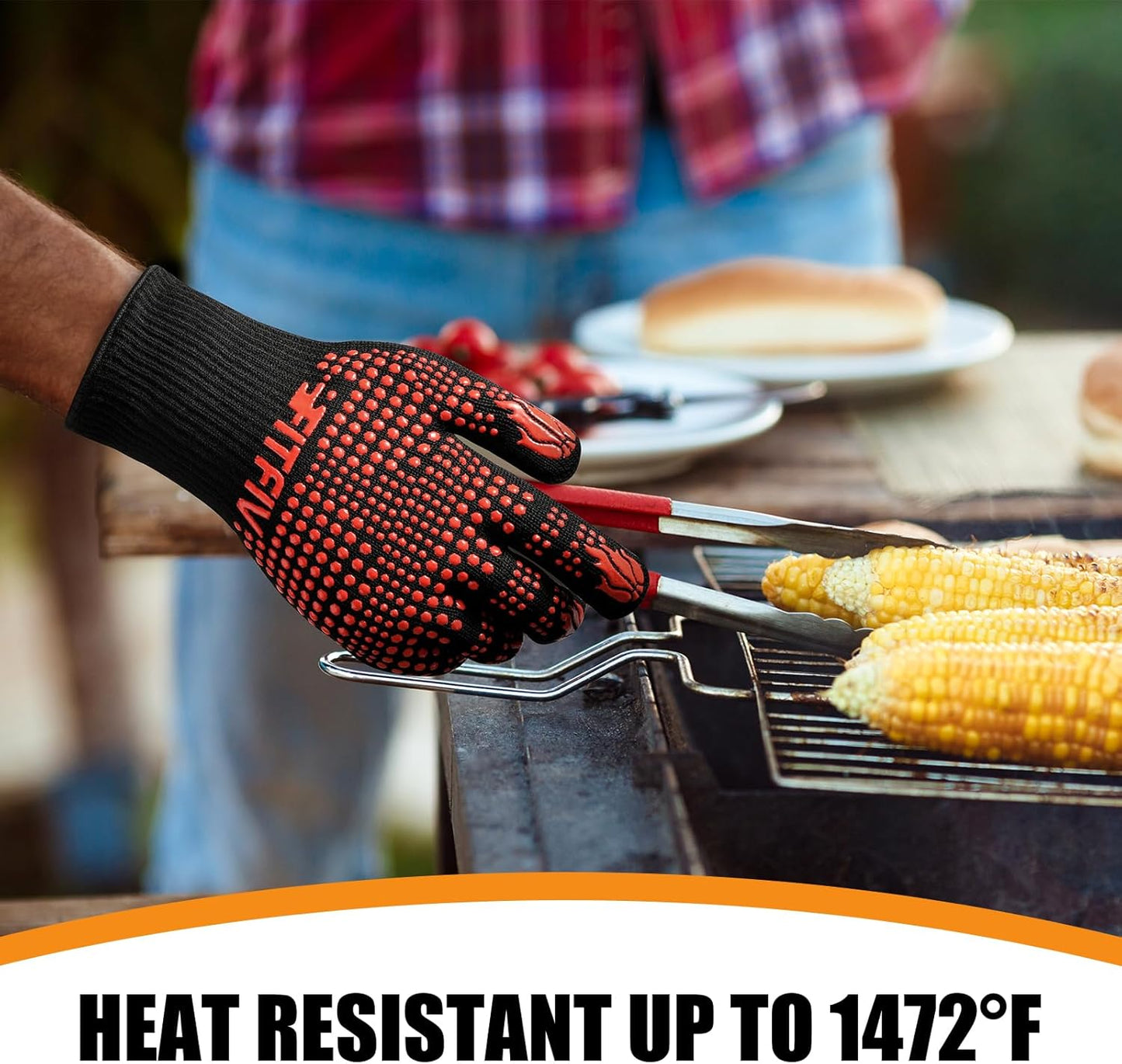 BBQ Gloves, Oven Gloves, 1472°F Extreme Heat Resistant Barbecue Gloves, Silicone Non-Slip Oven Mitts, Kitchen for Cooking, Grilling, and Baking (Red)