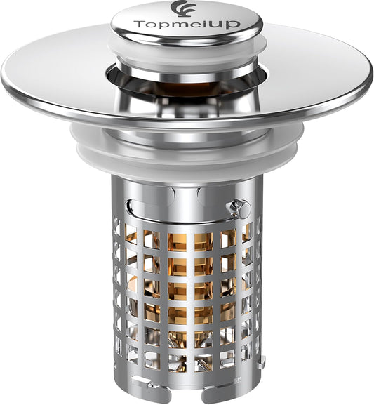 Sink Drain Stopper, 3-in-1 Pop Up Sink Strainer with Removable Hair Catcher for Bathroom Sink, Universal 1.1-2.36 Inch Drain Cover, 2PCS, Brass Core (New/1PCS)