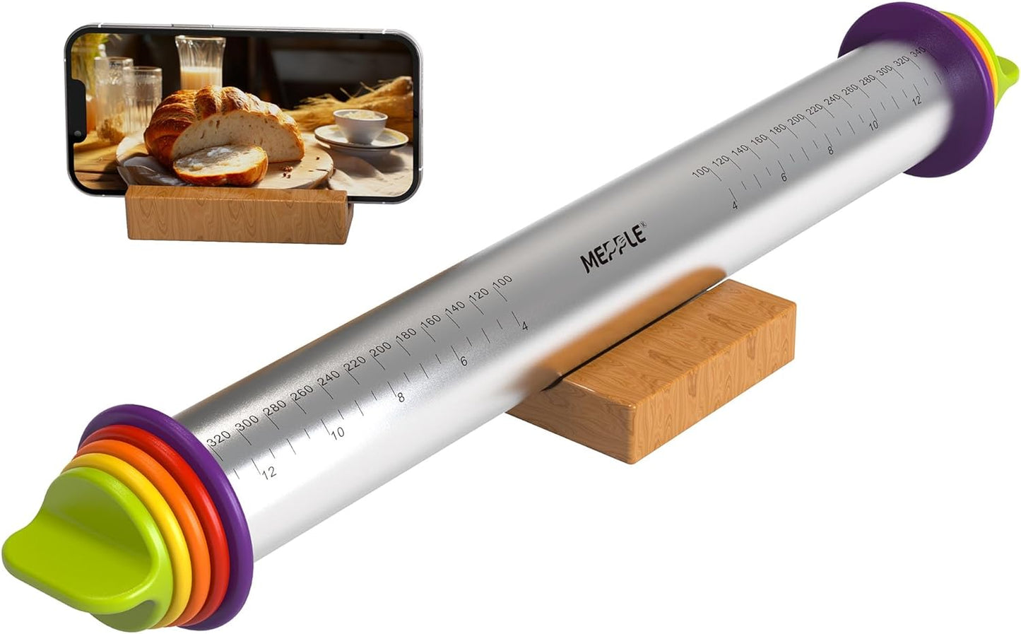 Stainless Steel Rolling Pin with Thickness Rings for Fondant, Pizza, Cookie, Pastry, Pie,Roller Rod for Dough Thickness,Rolling Pin for Baking, 13.6" with 4 Thickness Rings and Wooden Stand