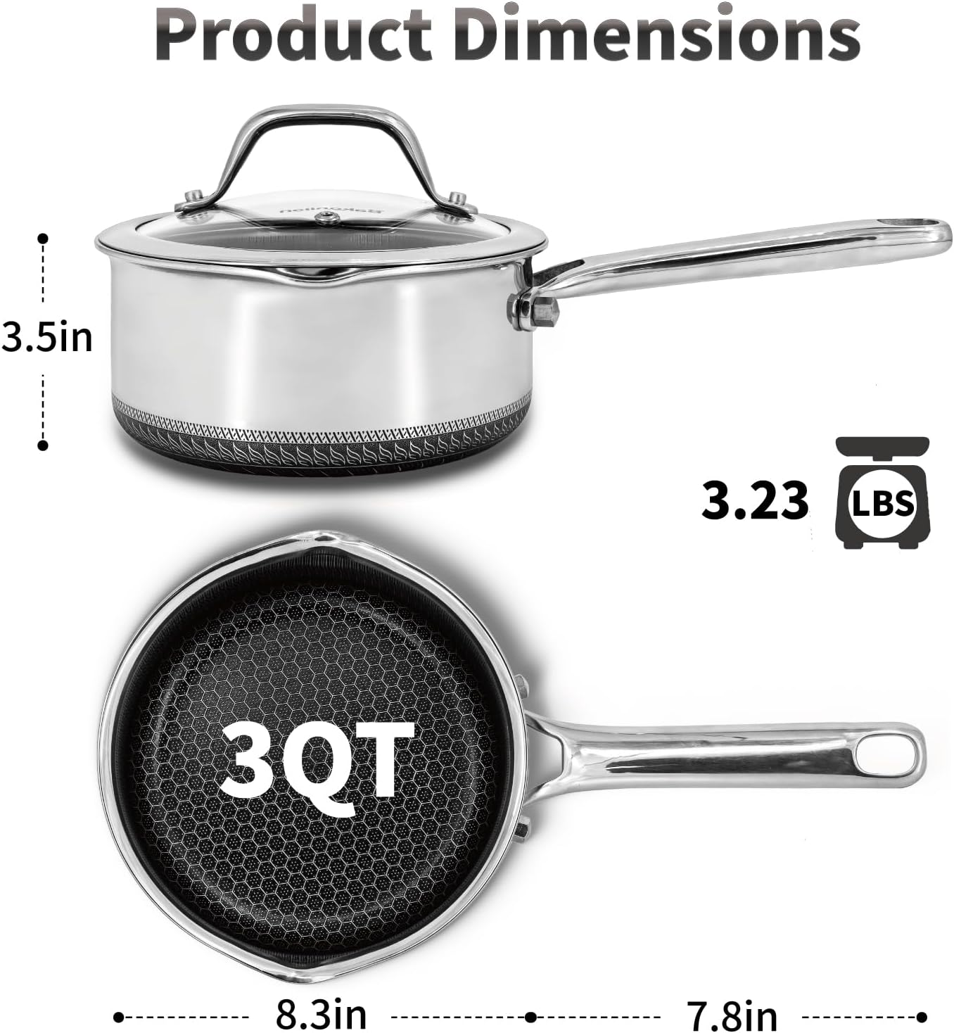 Hybrid Nonstick 3 QT Saucepan with Lid, Stainless Steel Honeycomb Pot with Two Pour Spouts,Compatible with All Cooktops,Dishwasher and Oven Safe