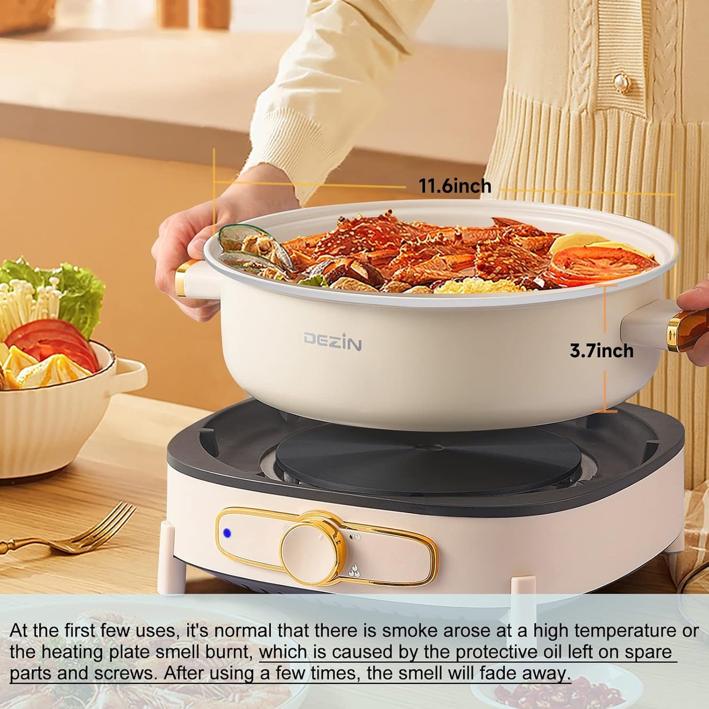 Dezin Electric Shabu Shabu Pot with Removable Pot, 4L Electric Non-Stick Pot with Multi-Power Control, 3.7" Depth Electric Cooker with Tempered Glass Lid for Party, Family and Friend Gathering