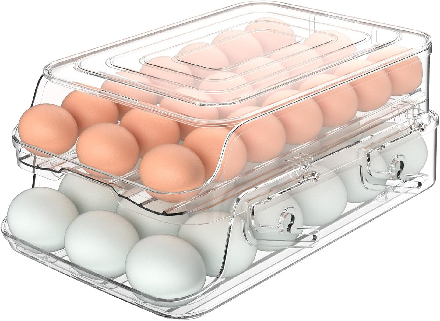Egg Holder for Fridge, Automatic Steady Rolling Egg Dispenser with Silicone Bumpers, Egg Container With Lid, Large Capacity Clear Egg Holder for Kitchen or Pantry Organizers&Storage
