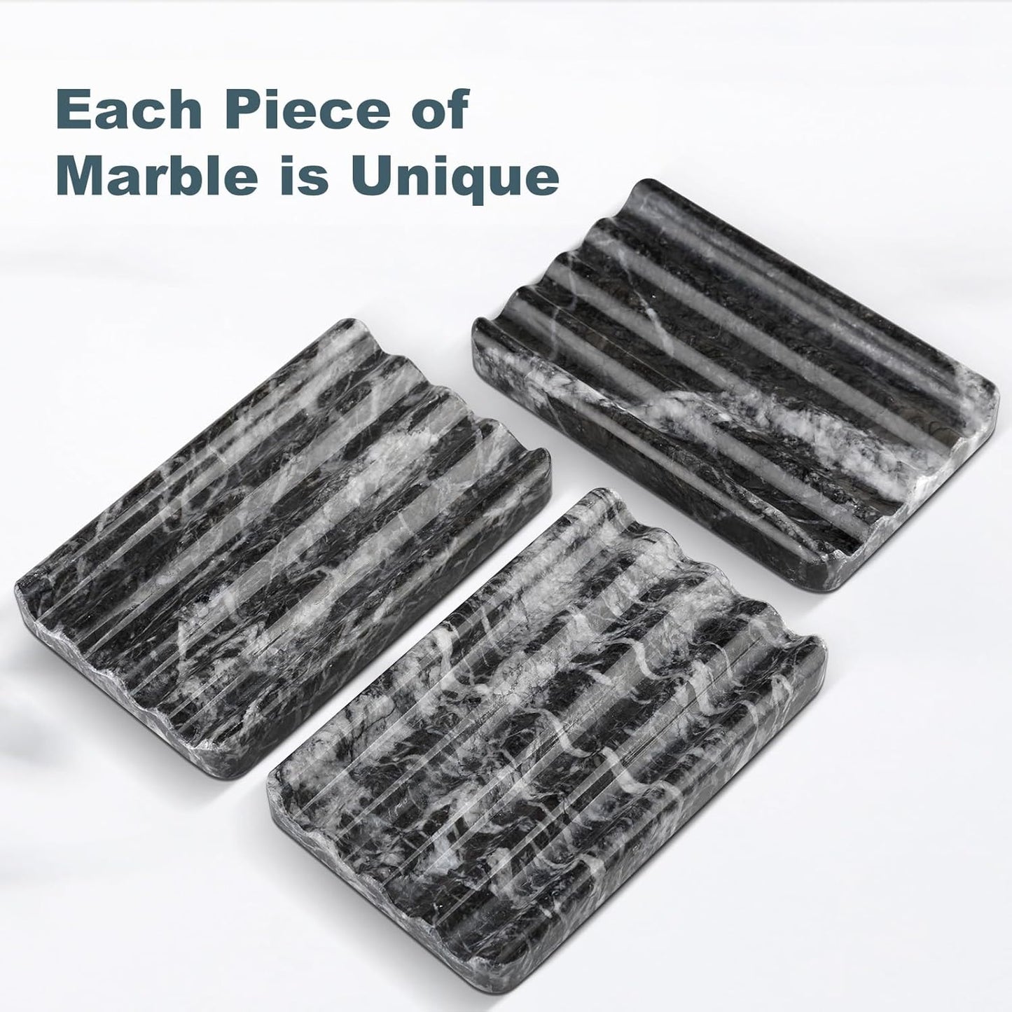 Marble Soap Dish, Bar Soap Holder Shower, Black Soaps Bathroom Saver with Water Ripple Design, Easy Cleaning Natural Stone Sponge Holder for Kitchen Sink, Executive Jewelry Ring Tray