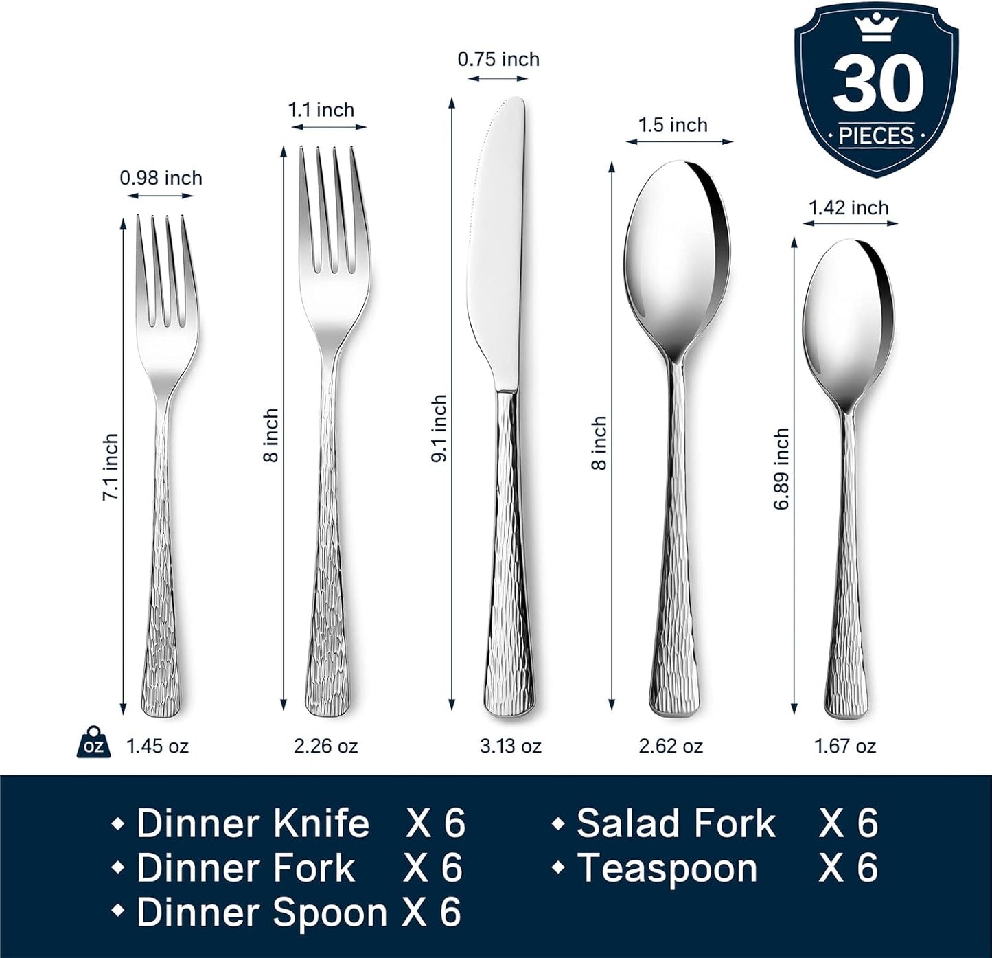KINGSTONE Hammered Silverware Set, Flatware Set, 18/10 Stainless Steel Premium Cutlery with Unique Ripple Handles Design Mirror Polished - Dishwasher Safe (30-Piece)