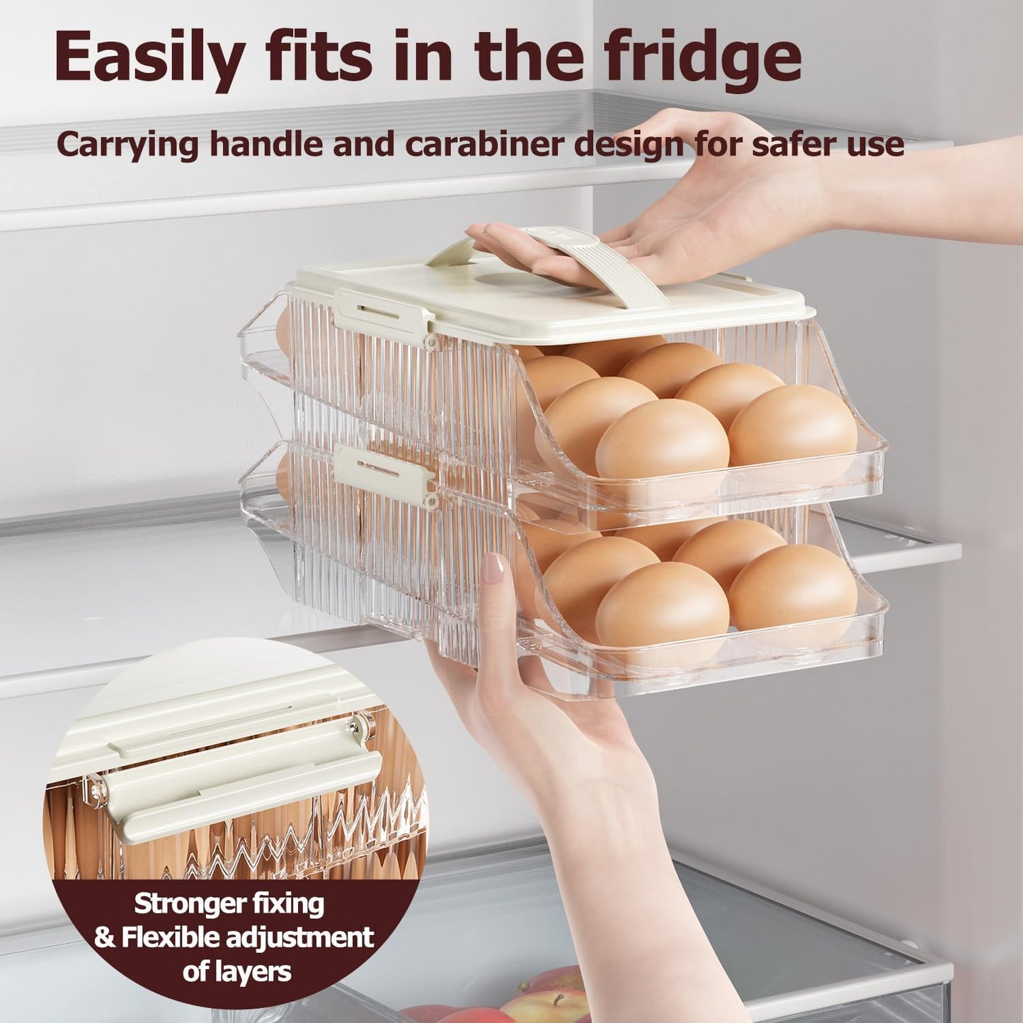 Automatic Rolling Egg Holder for Fridge, Clear Plastic Egg Organizer with Handle for Refrigerator, Egg Container for Kitchen Storage, 1 Row 3 layers