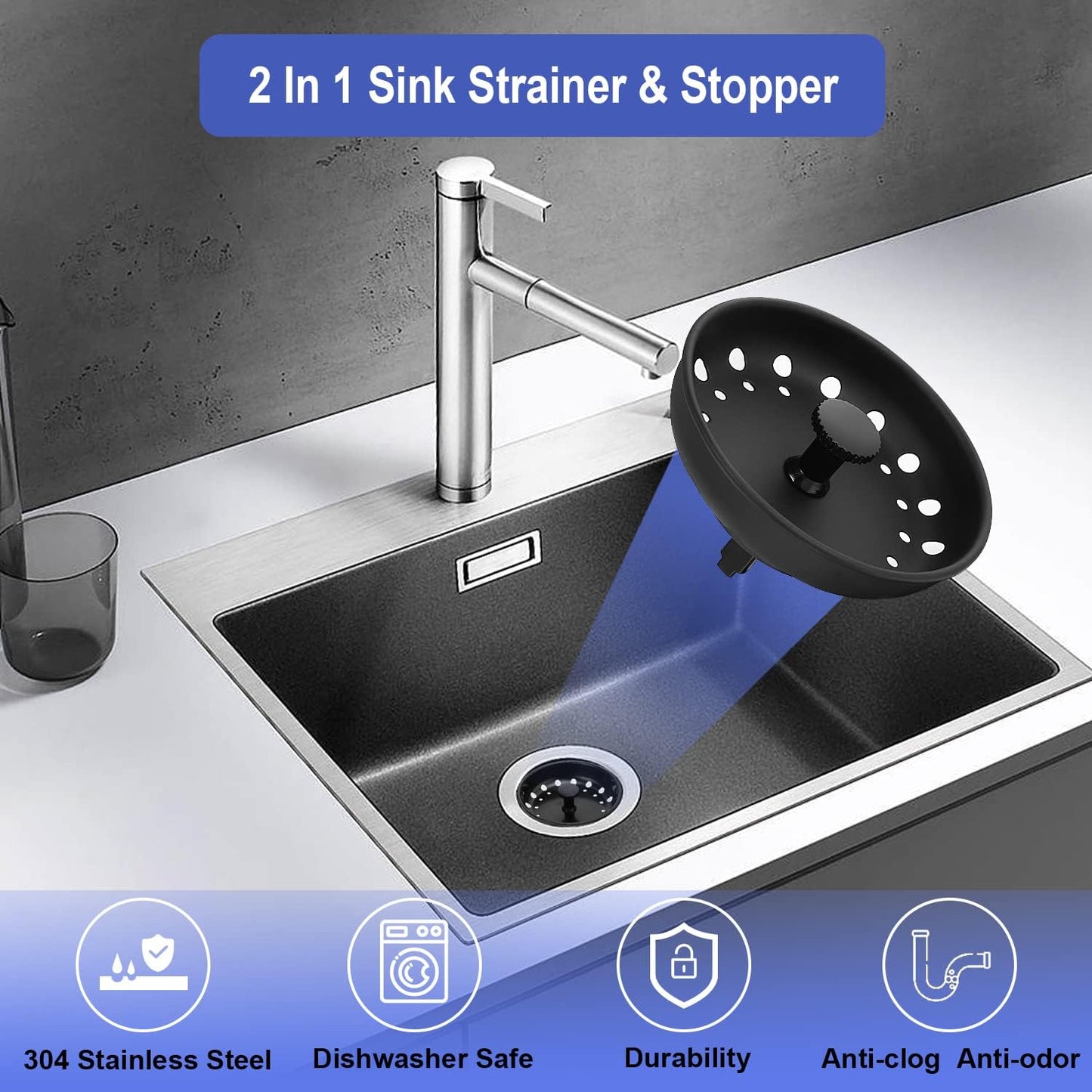 Kitchen Sink Drain Strainer 3 Pack Stainless Steel Sink Stopper, Anti-Clogging Kitchen Sink Drain Basket for Kitchen Sink Strainer Replacement Set (Black, 3 Pack)