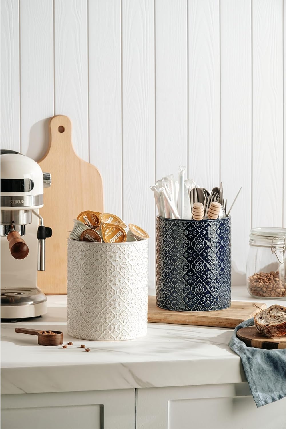 Kitchen Utensil Holder, 6x7 inch Large Ceramic Utensil Holder with Embossed Pattern, Cooking Utensil Crocks for Kitchen Countertop, Home Decor, Off-White