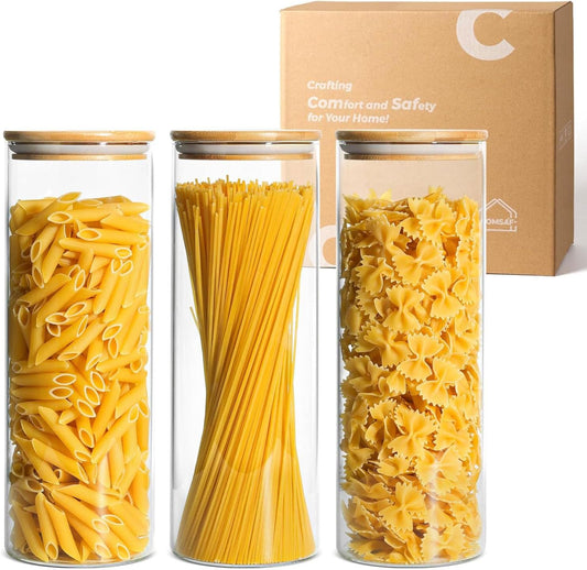 ComSaf Glass Spaghetti Pasta Storage Container with Lids 2 Qt Set of 3, Tall Clear Airtight Food Storage Jar with Wood Cover Kitchen Pantry Storage Container for Noodles Flour Cereal Coffee Beans