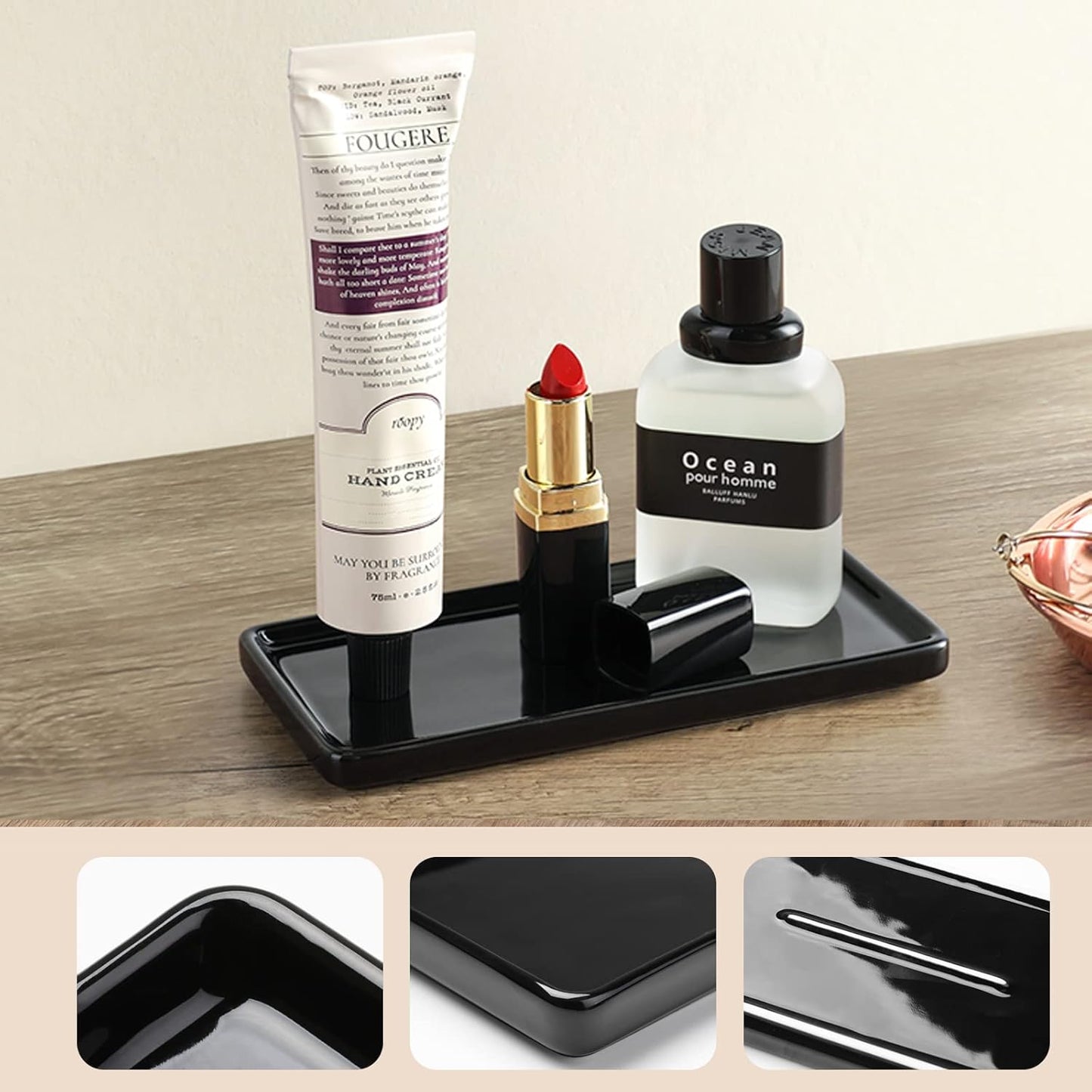 Gurygo 6" Bathroom Trays - Ceramic Vanity Tray for Bathroom - Small Ceramic Tray - Kitchen Soap Trays for Kitchen Counter - Bathtub Organizer (Black)
