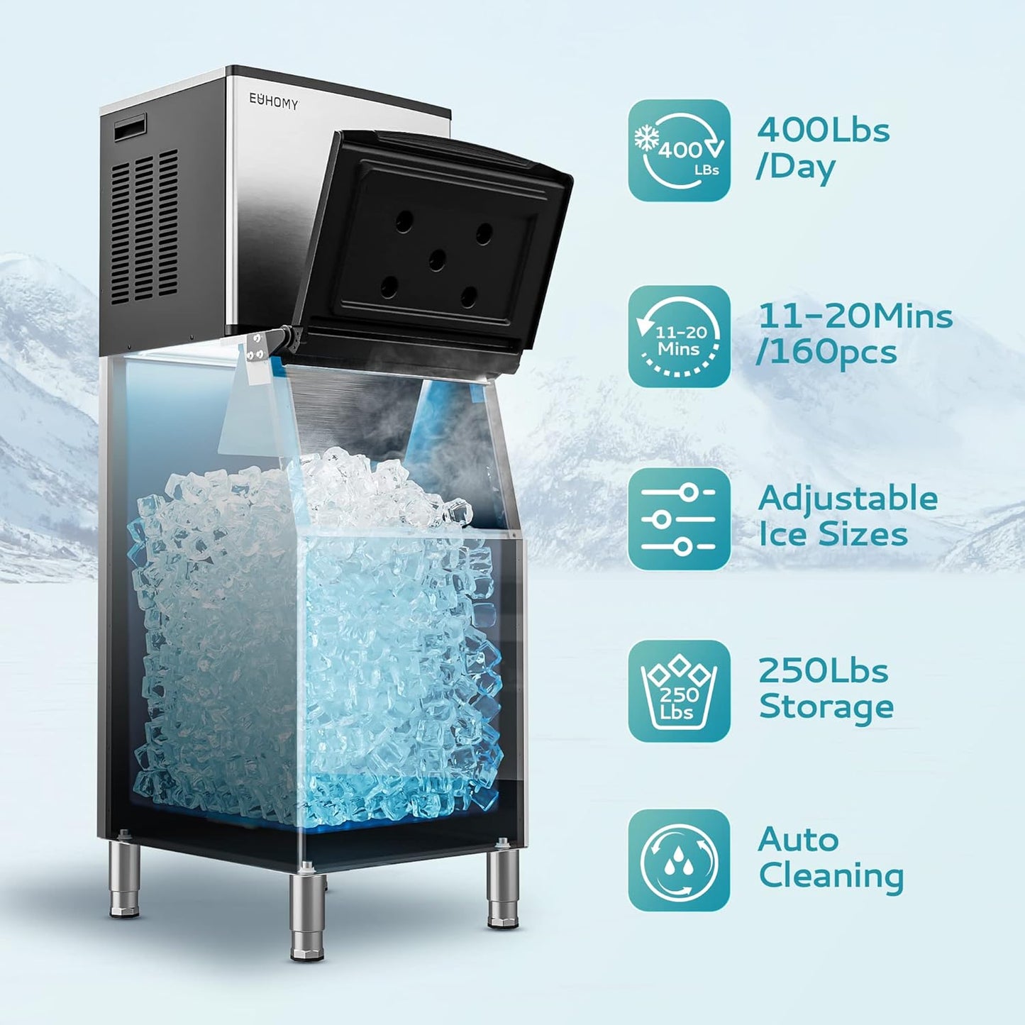 EUHOMY Commercial Ice Maker Machine 400Lbs/24H, SECOP Compressor&ETL Approval, Industrial Ice Machine, 250Lbs Storage, Ice Ready in 8-15 min, Stainless Steel Ice Maker for Bar/Cafe/Restaurant/Business