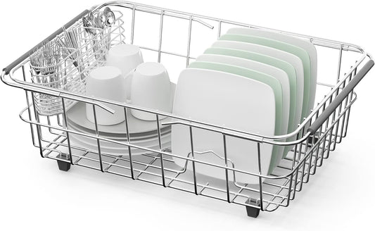 JAQ Dish Drainer in Sink Adjustable 14.96" to 20.59", Expandable 304 Stainless Steel Metal Dish Drying Rack Organizer with Stainless Steel Utensil Holder Over Inside Sink Counter