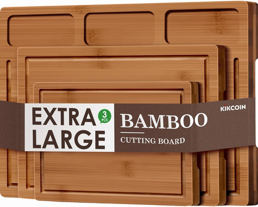Kikcoin Bamboo Cutting Boards for Kitchen, (Set of 3) Kitchen Chopping Board with 3 Built-In Compartments and Juice Groove Heavy Duty Serving Tray Wood Butcher Block and Wooden Carving Board, Brown