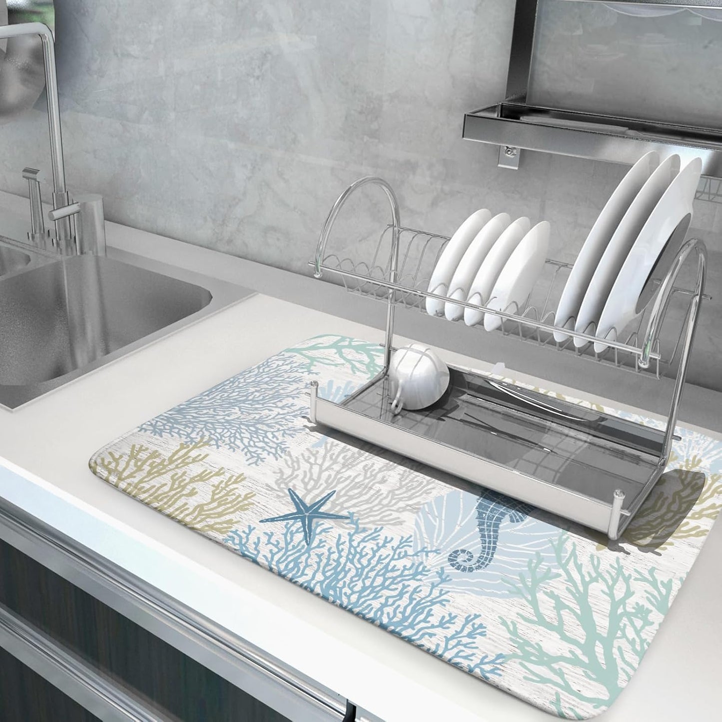 Blue Coral Dish Drying Mat Coastal Starfish Dishes Pad Hanging Drainer Mats Reversible Absorbent Kitchen Counter Protector 18x24 Inch