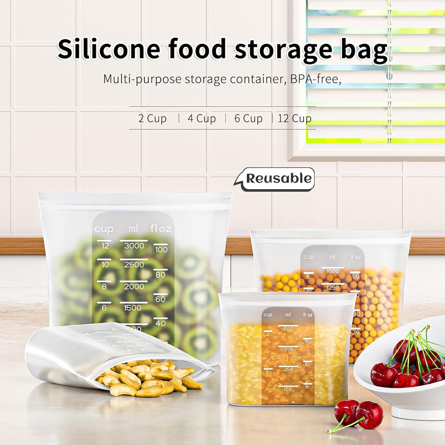 Bangp Premium Silicone Reusable Food Storage Bags,4 Pack(100oz, 50oz, 30oz,15oz),New Generation Stand Up Zip Freezer Bags,Sandwich Snack Bags,Multi-Use Food Storage Containers,Leak-free,Microwave Safe